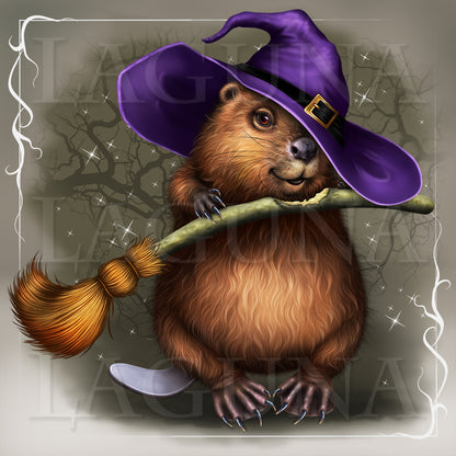 Halloween Beaver with Broomstick