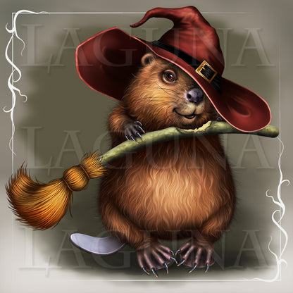 Halloween Beaver with Broomstick