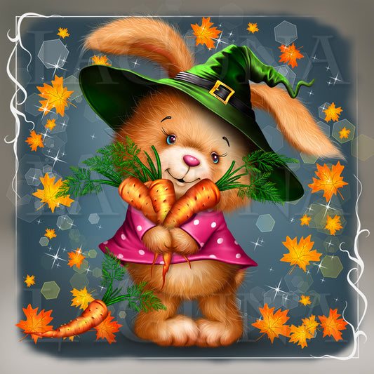 Halloween Bunny with Bunch of Carrots and Pumpkin Bag
