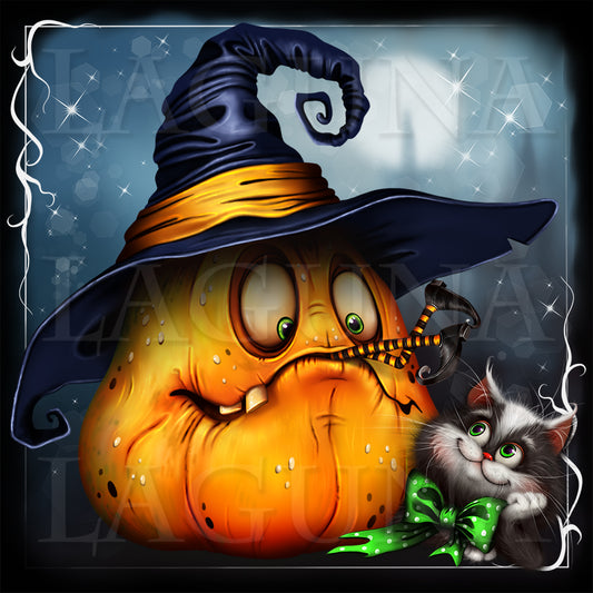 Halloween Cat and Witch Eating Pumpkin