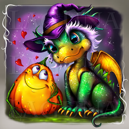 Halloween Dragon and Pumpkin in Love