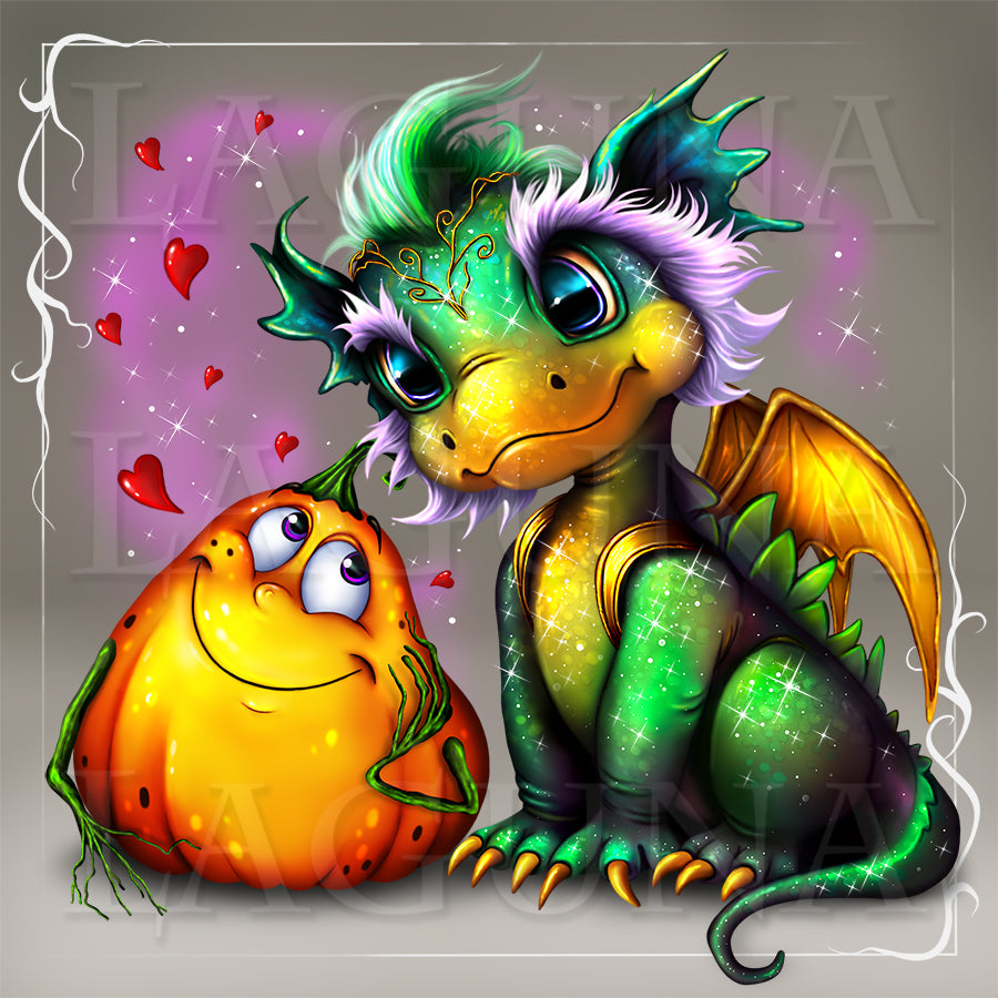 Halloween Dragon and Pumpkin in Love