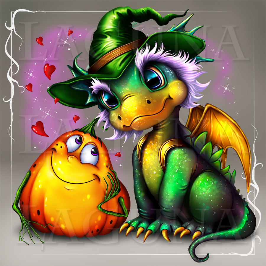 Halloween Dragon and Pumpkin in Love