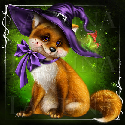 Halloween Fox in Hat with Mushrooms