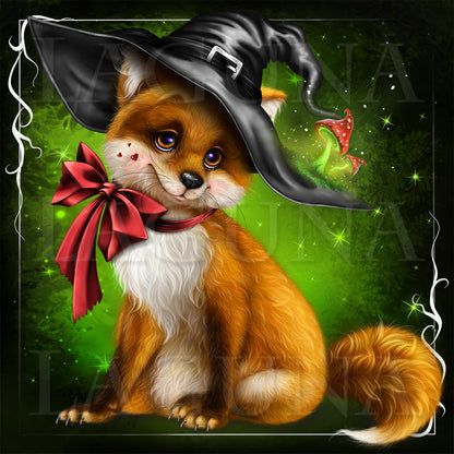 Halloween Fox in Hat with Mushrooms