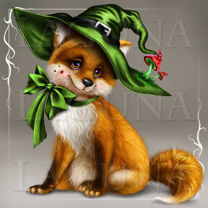 Halloween Fox in Hat with Mushrooms