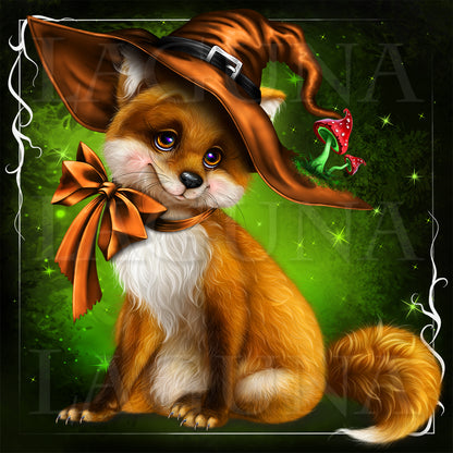 Halloween Fox in Hat with Mushrooms