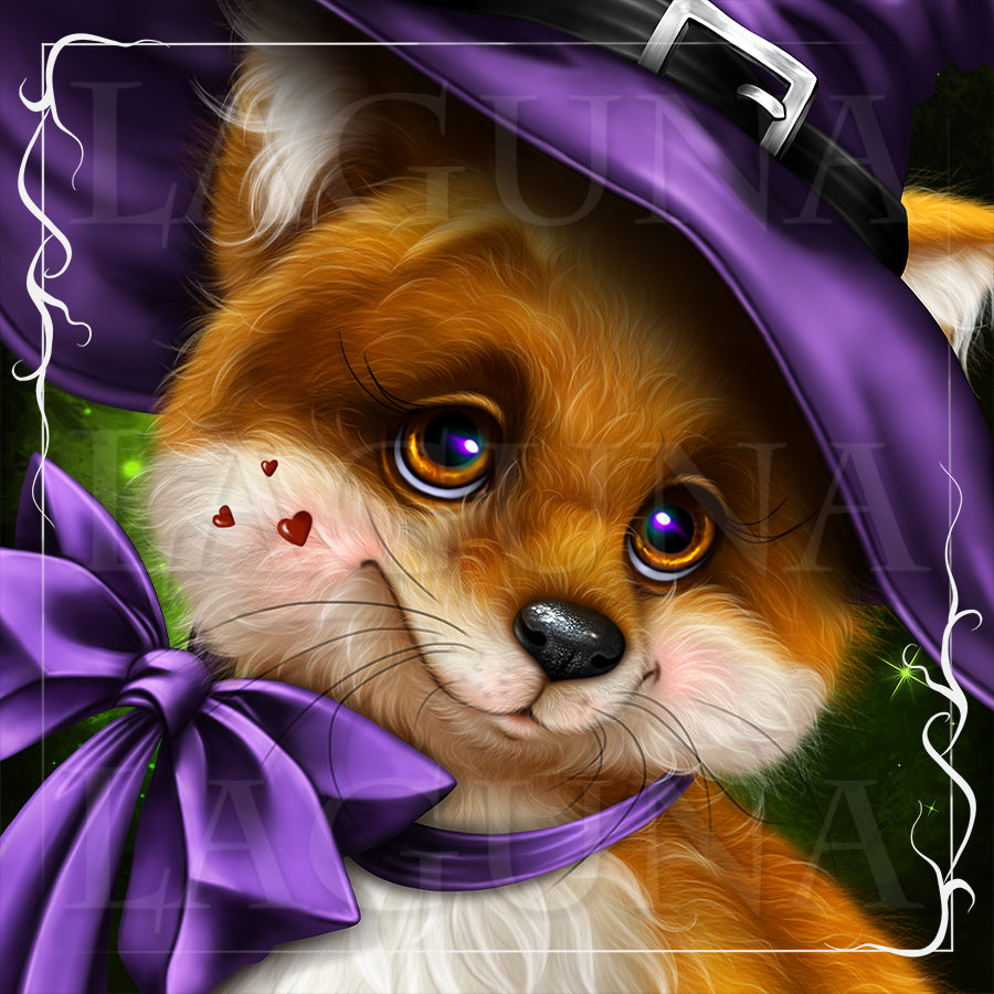 Halloween Fox in Hat with Mushrooms