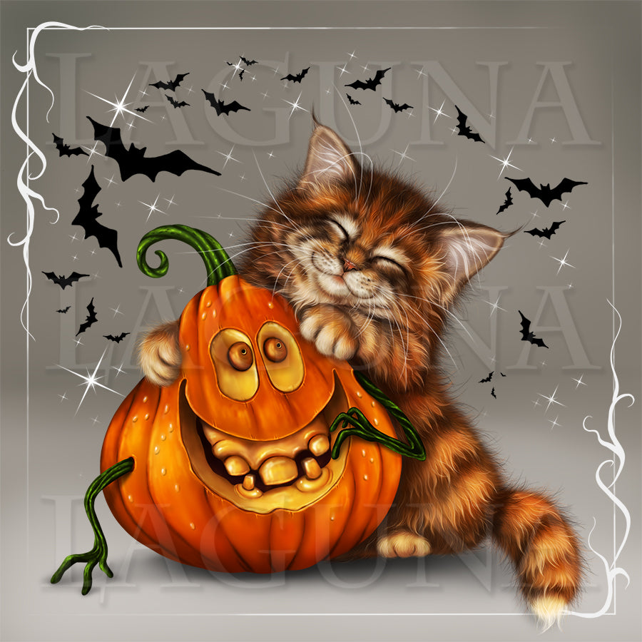 Halloween Kitten Hugging a Pumpkin