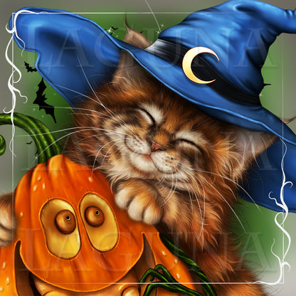 Halloween Kitten Hugging a Pumpkin