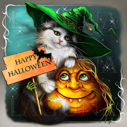 Halloween Kitty and Pumpkin with Goblin Face