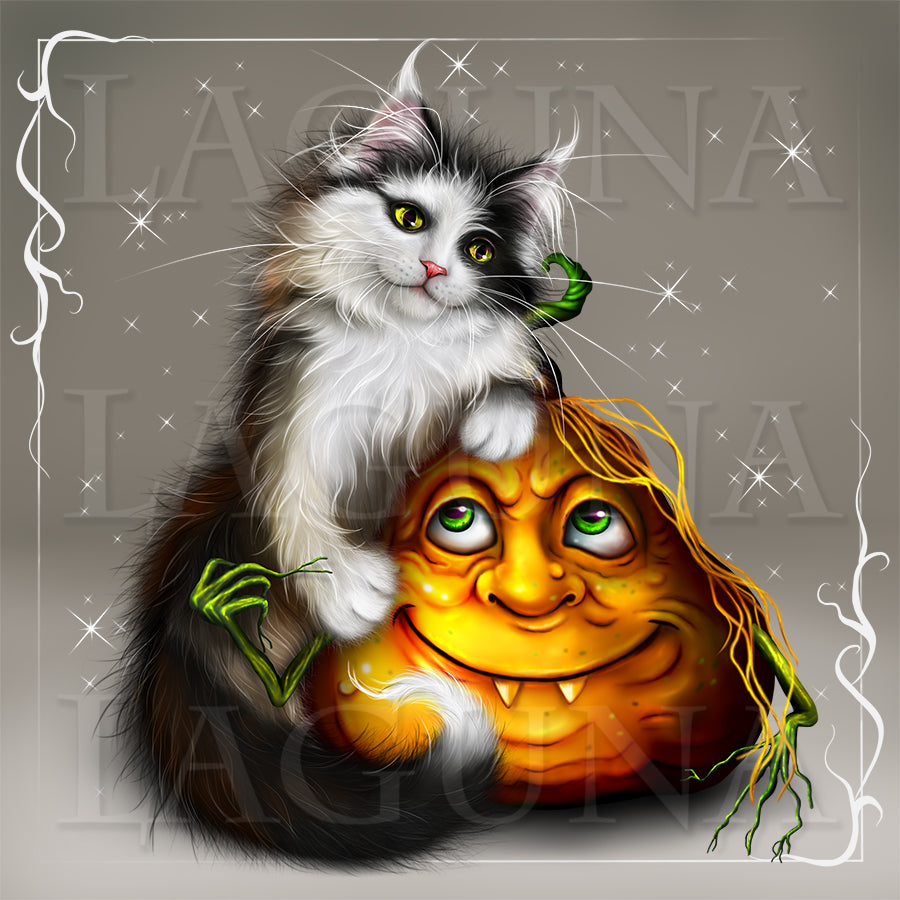Halloween Kitty and Pumpkin with Goblin Face