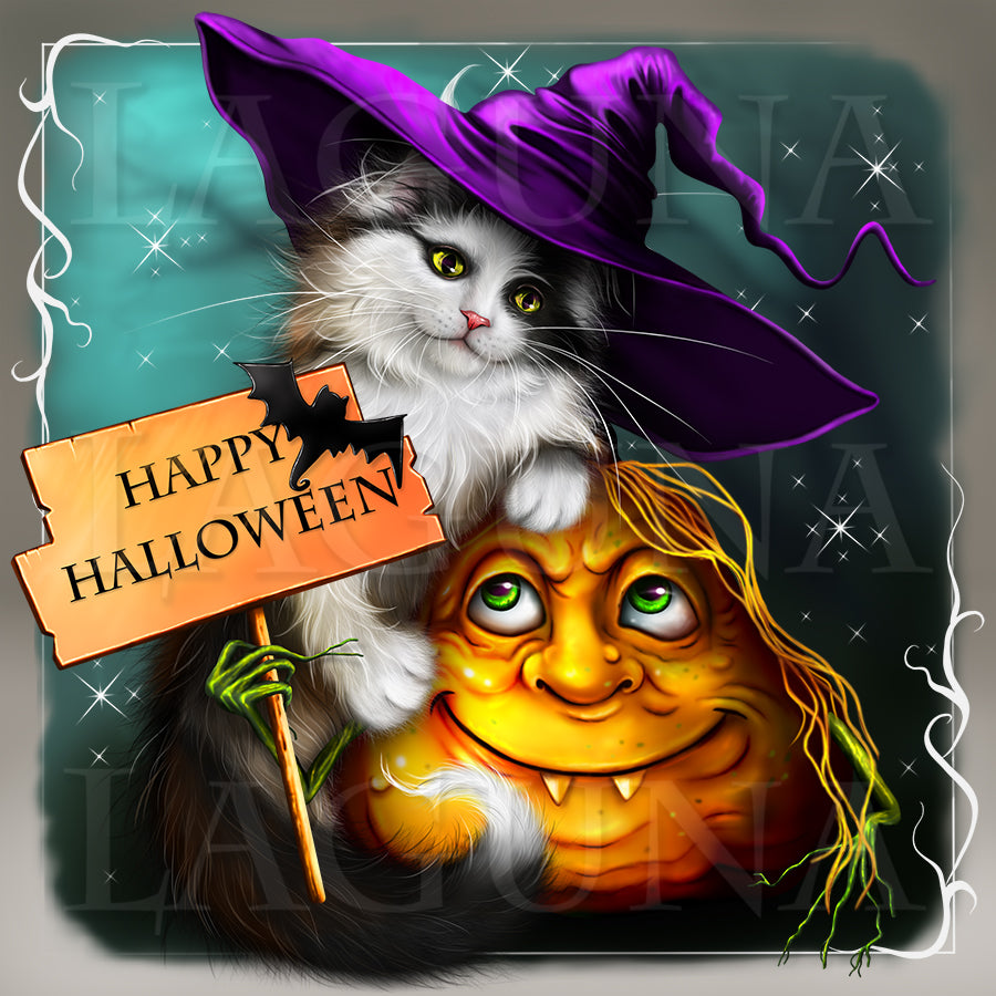 Halloween Kitty and Pumpkin with Goblin Face