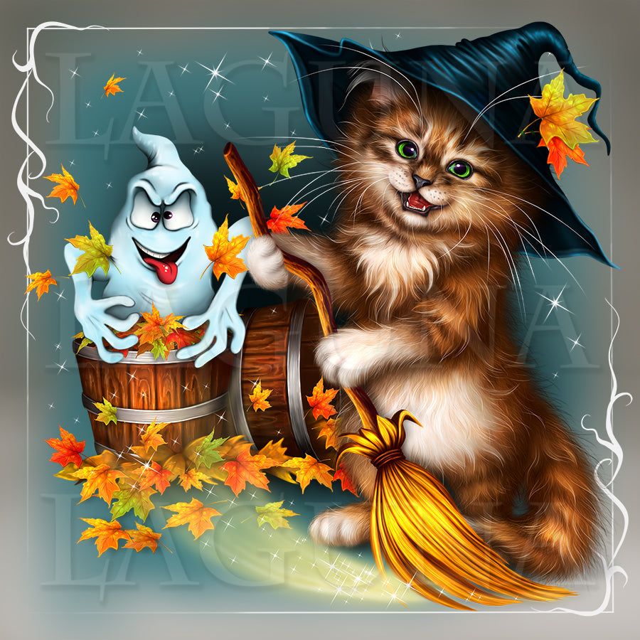 Halloween Kitty, Ghost and Autumn Leaves