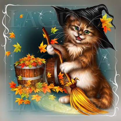 Halloween Kitty, Ghost and Autumn Leaves