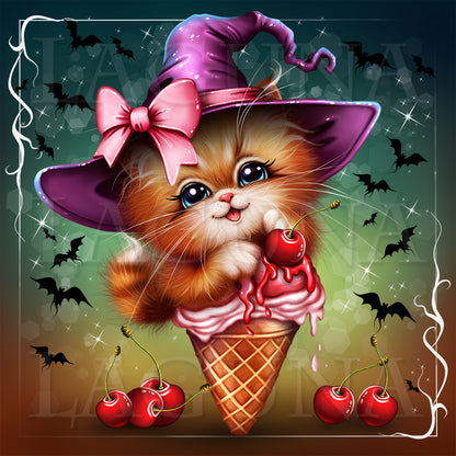 A whimsical Halloween-style illustration of a fluffy orange kitten wearing a purple witch hat with a pink bow, sitting inside a waffle cone filled with pink ice cream and dripping red cherries. Red cherries are scattered around on a dark green background with bat silhouettes and sparkles.