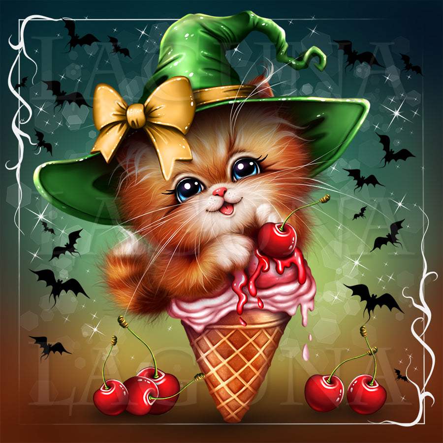 A whimsical illustration of a fluffy orange kitten wearing a green witch hat with a gold bow, sitting inside a waffle cone filled with pink ice cream and dripping red cherries. More cherries and black bats decorate a dark teal background with a decorative white border.