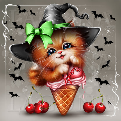 A whimsical illustration of a fluffy orange kitten wearing a black witch hat with a bright green bow, sitting on a pink ice cream cone and surrounded by black bats, cherries, and sparkles on a gray background.
