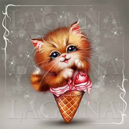 A stylized illustration of a fluffy orange kitten with large blue eyes sitting on a pink ice cream scoop in a waffle cone, centered on a gray background.
