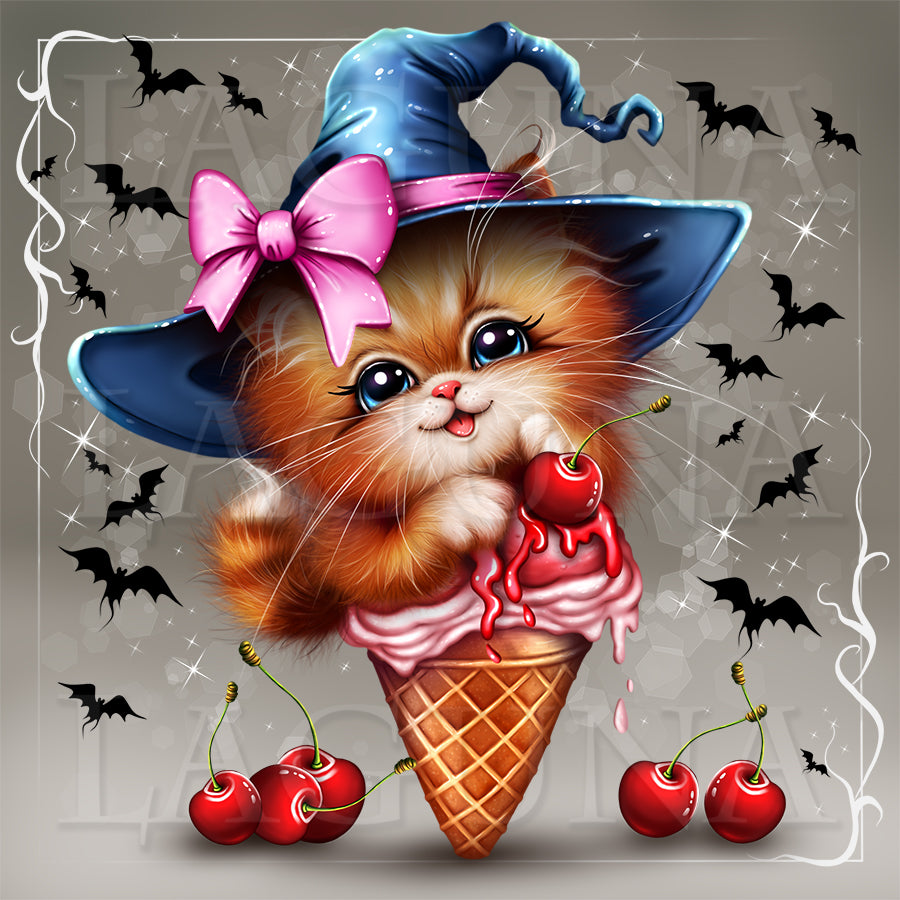 A whimsical illustration of a fluffy orange kitten dressed as a witch, wearing a blue hat with a pink bow and holding a cherry on an ice cream cone. The scene is decorated with black bats on a gray background.