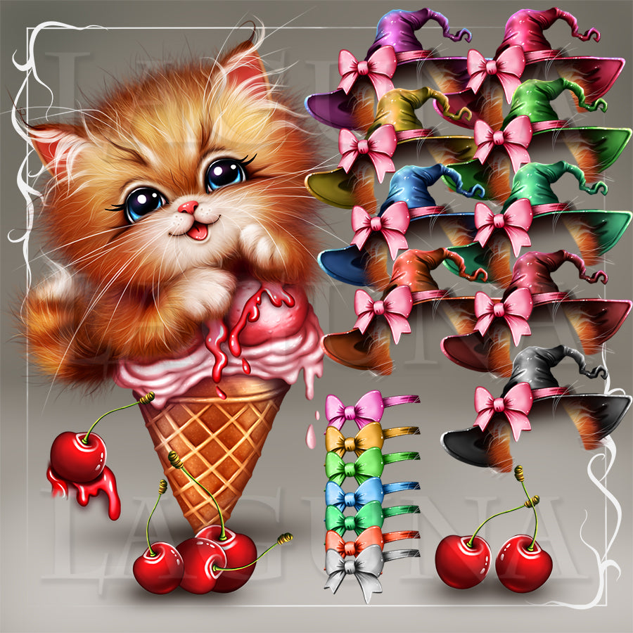 A whimsical digital illustration featuring a fluffy orange kitten hugging an ice cream cone with pink cherry sauce, alongside multiple colorful witch hats with pink bows and bows of different colors, all on a gray background with a decorative white border. 