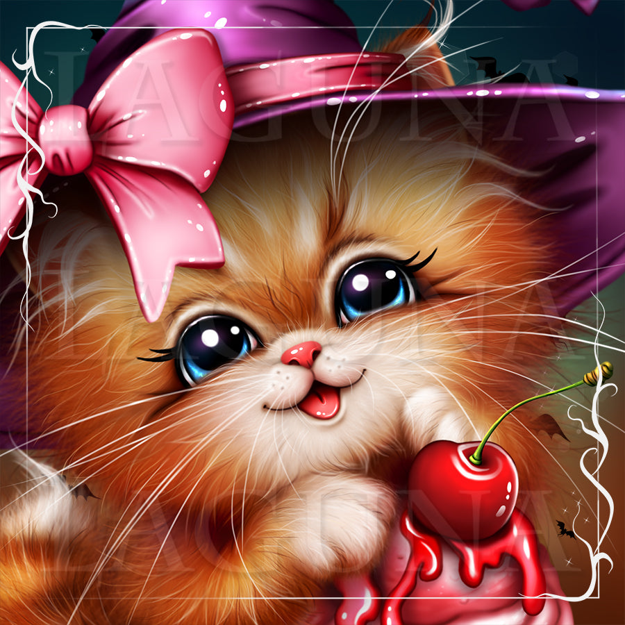 A stylized digital illustration of a fluffy orange kitten wearing a purple witch hat with a pink bow and holding a dripping red cherry, set against a dark background with decorative white corner flourishes.