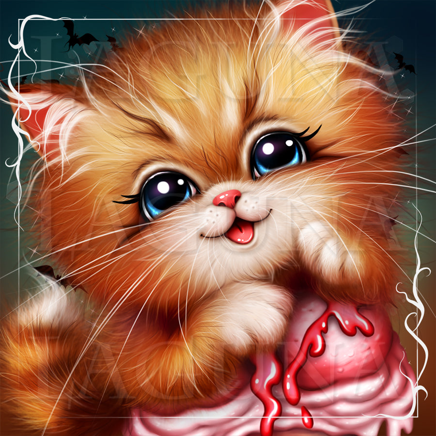 A stylized digital illustration of a fluffy orange kitten with large blue eyes, pink nose, and white whiskers.
