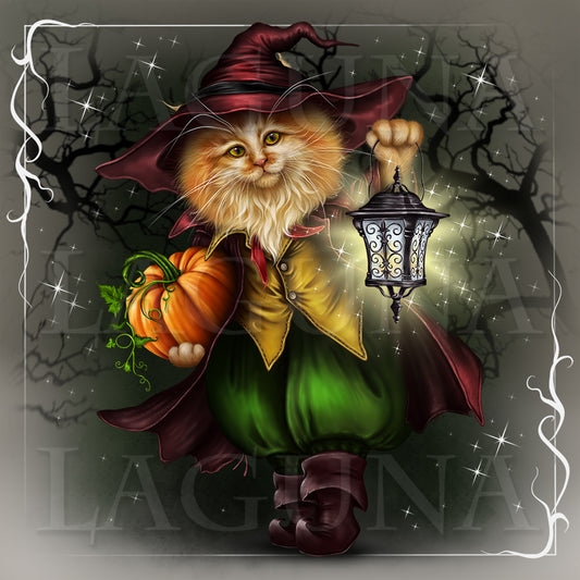 Halloween Kitty with Lantern and Pumpkin