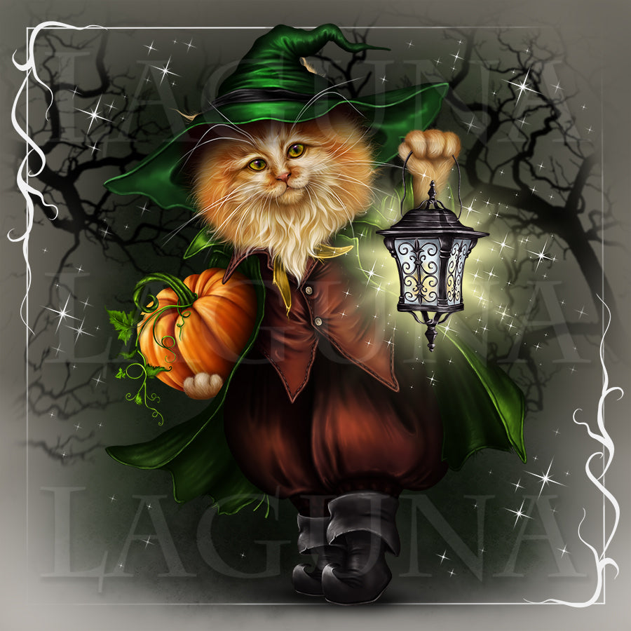 Halloween Kitty with Lantern and Pumpkin