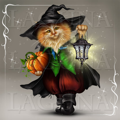 Halloween Kitty with Lantern and Pumpkin