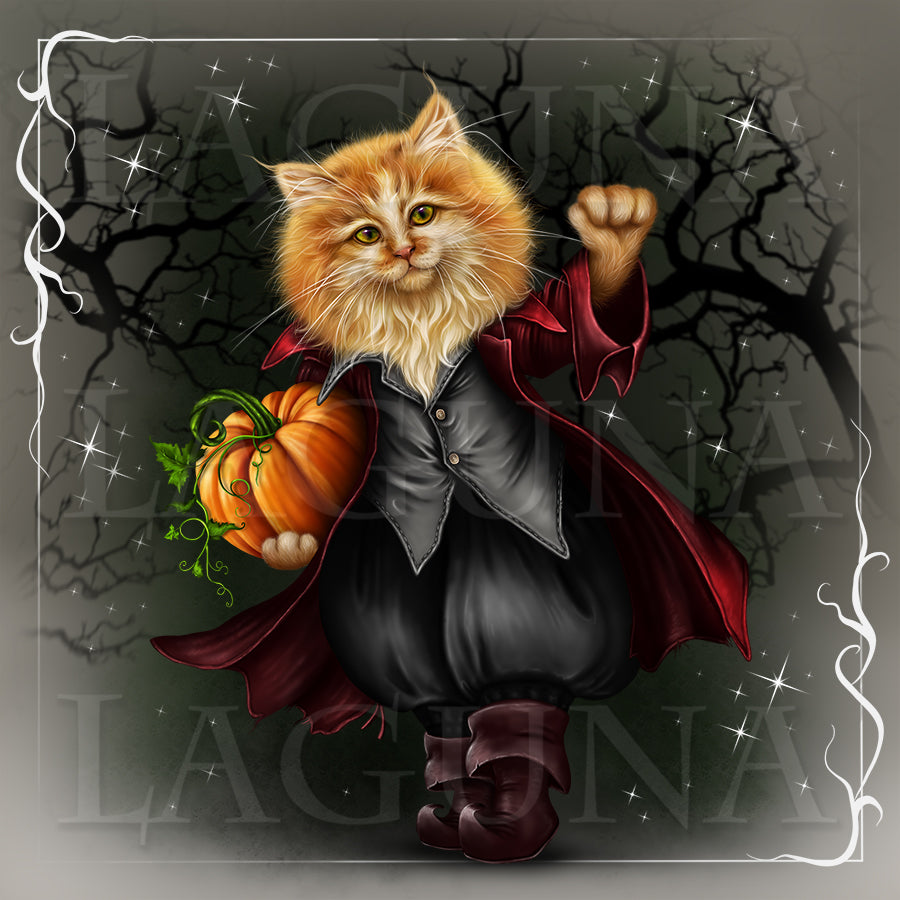 Halloween Kitty with Lantern and Pumpkin