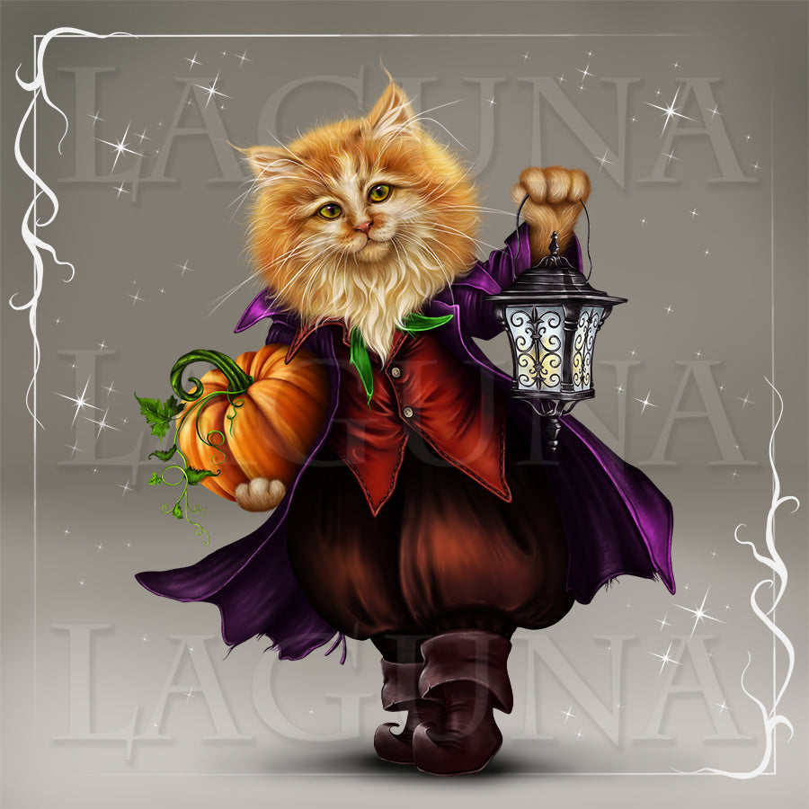 Halloween Kitty with Lantern and Pumpkin