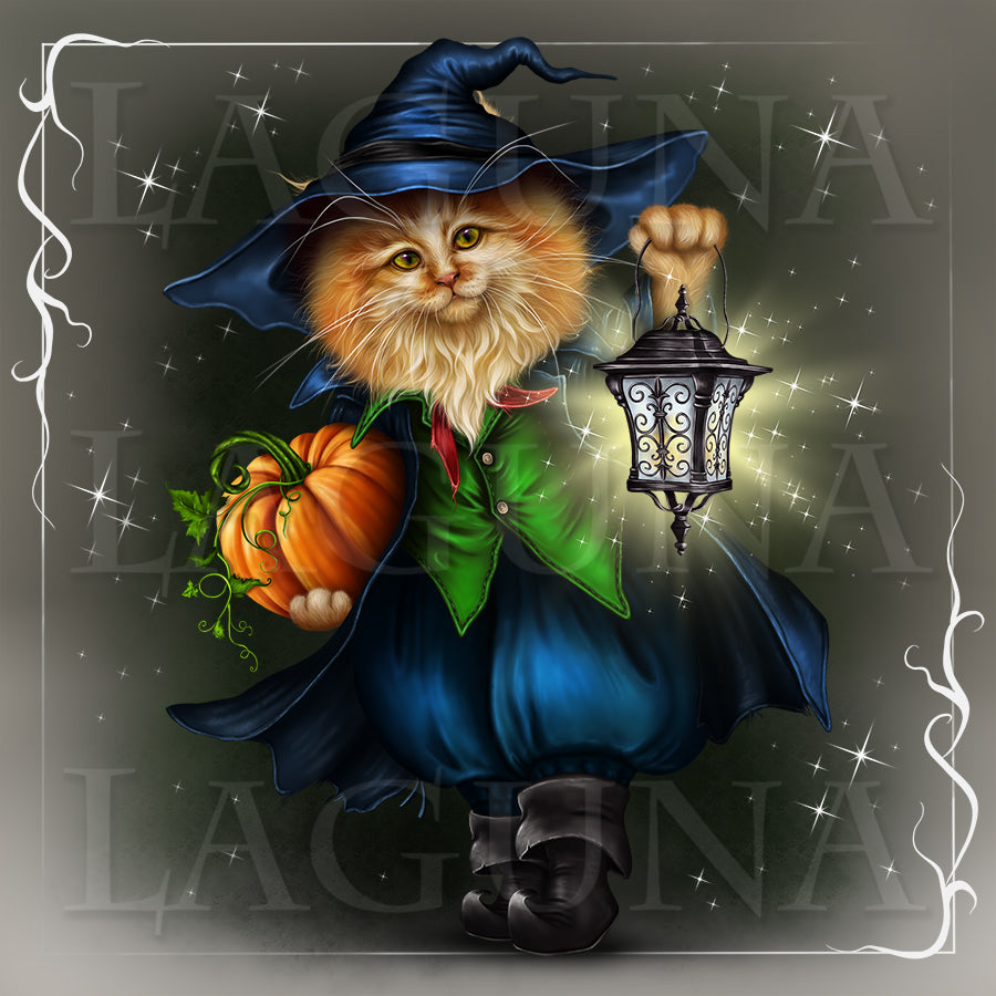 Halloween Kitty with Lantern and Pumpkin