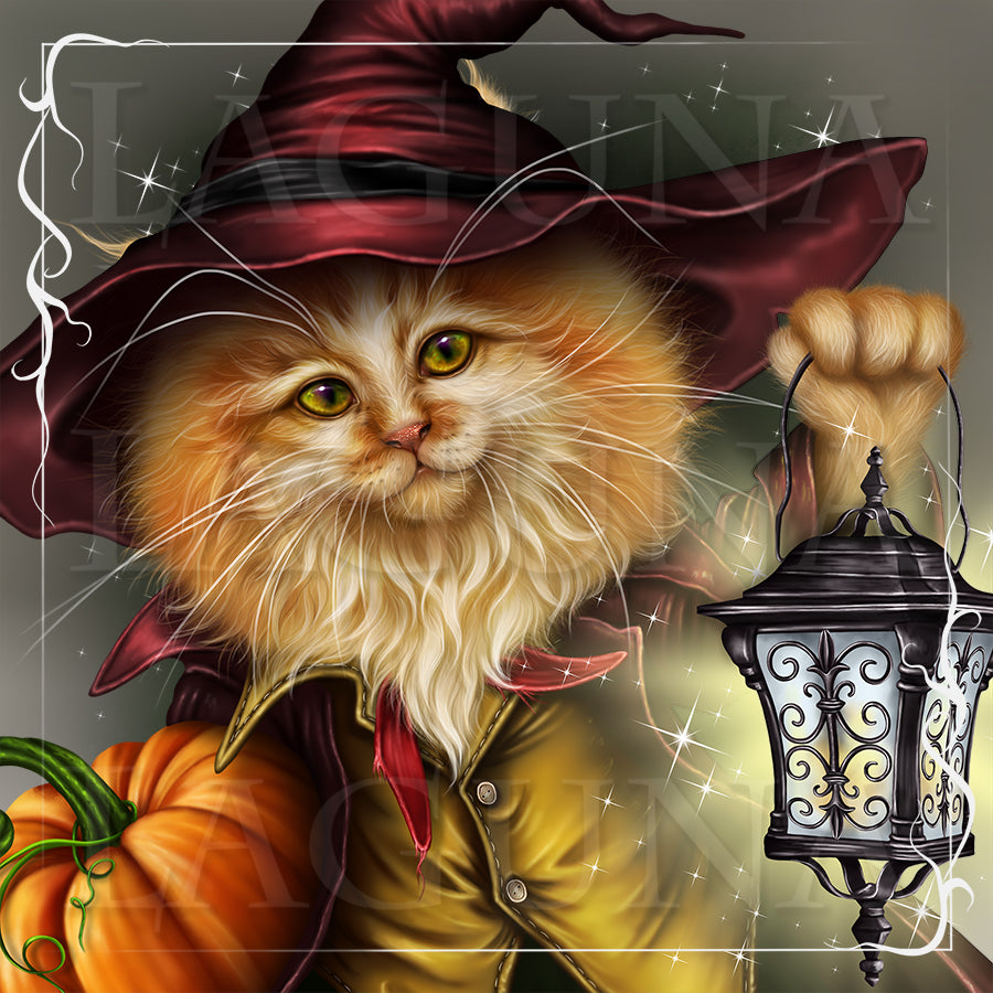 Halloween Kitty with Lantern and Pumpkin