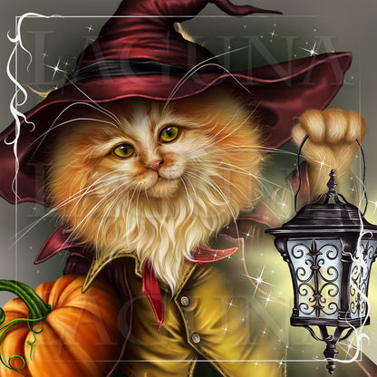 Halloween Kitty with Lantern and Pumpkin