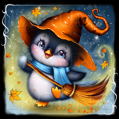 A cute cartoon penguin dressed as a witch, wearing a large orange hat, blue scarf, and holding a broomstick, with falling autumn leaves and sparkles on a blue background.