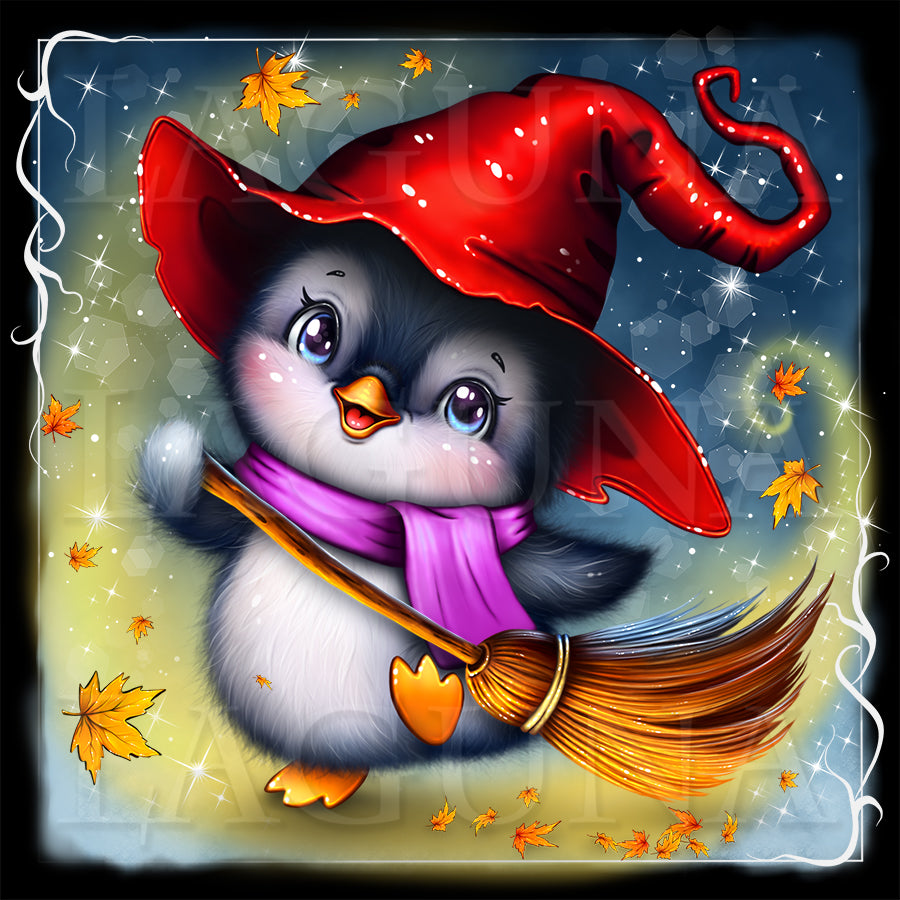 A cute cartoon penguin dressed as a witch, wearing a red hat and purple scarf with broomstick, sweeping autumn leaves.