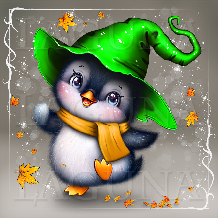 A cute cartoon penguin wearing a bright green witch hat and yellow scarf, surrounded by falling orange leaves and sparkles on a gray background.