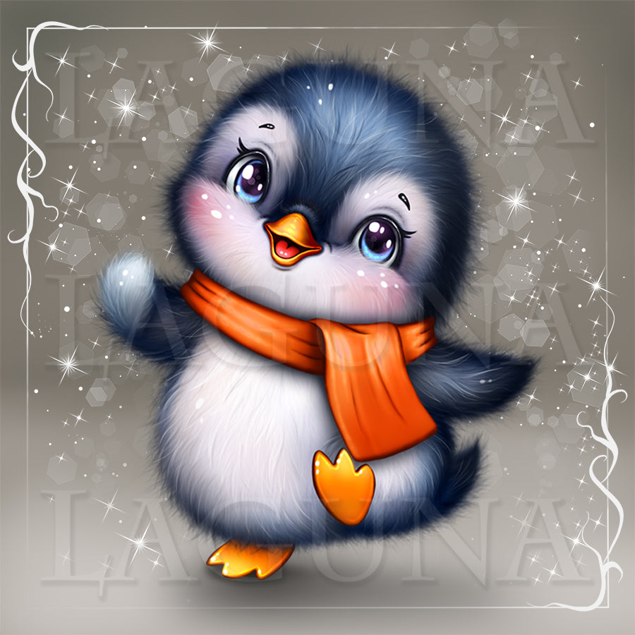 A cute cartoon penguin character with blue-gray and white feathers, a bright orange scarf, and an orange beak, centered on a sparkly gray background with decorative corner flourishes.