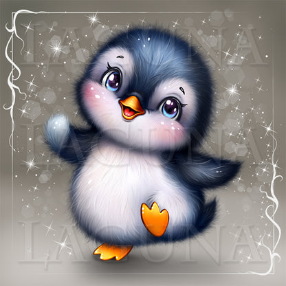 A cute cartoon penguin character with dark blue-gray feathers, a white belly, and an orange beak and foot, centered on a sparkly gray background with decorative white border elements.