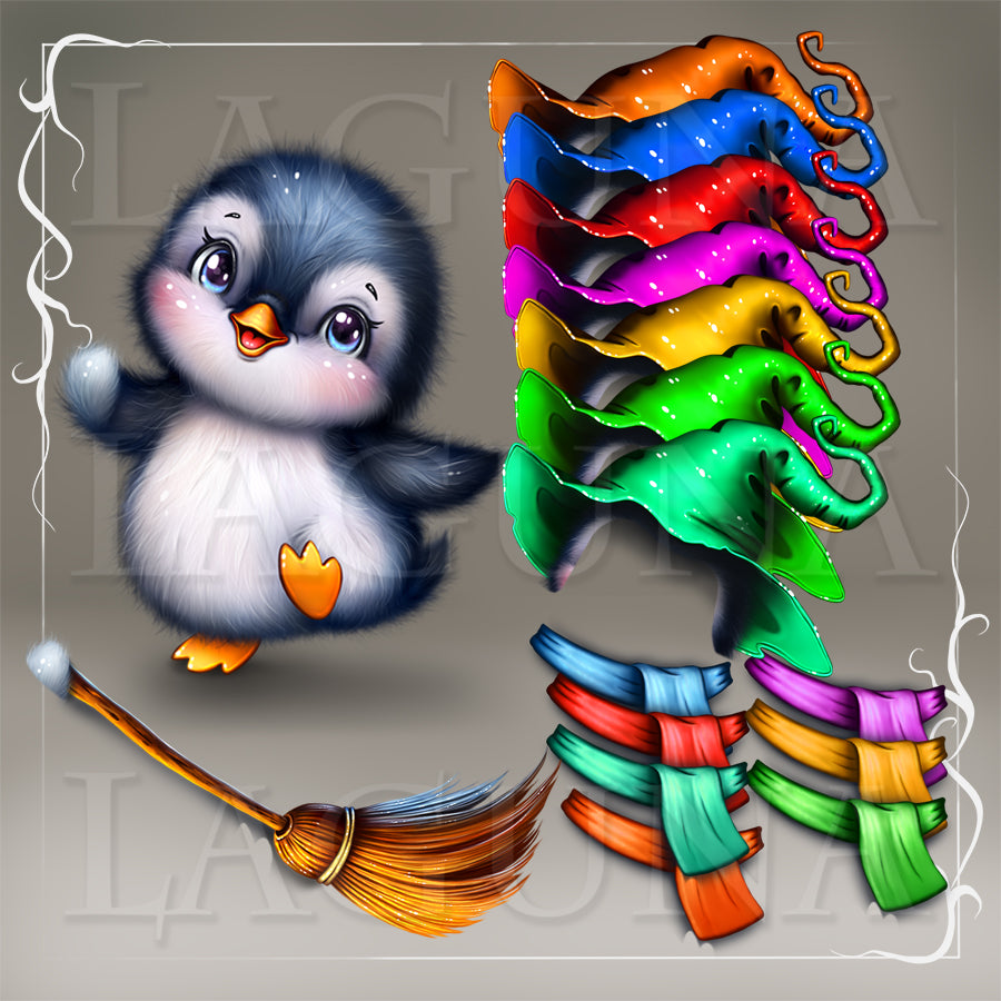 A digital illustration featuring a cute cartoon penguin on the left and several color option for its witch hat and scarf on the right, including the broom. Penguin, hat, scarf and broom are on separate layers.
