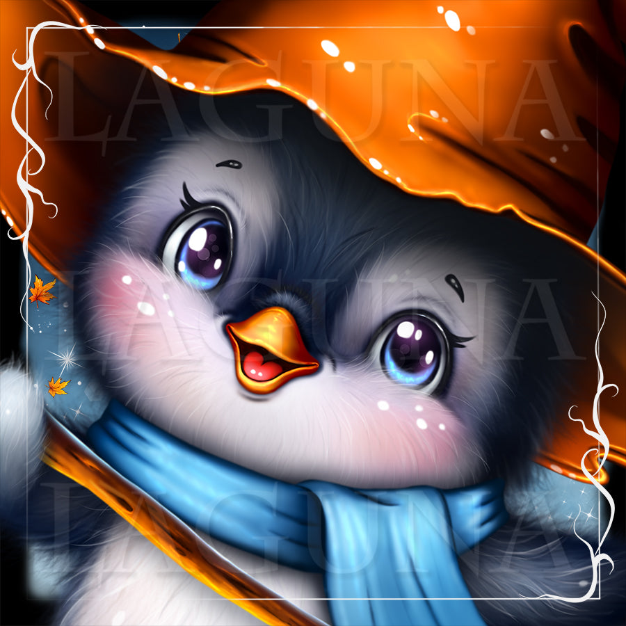 A stylized digital illustration of a cute penguin wearing a large orange hat and a blue scarf.