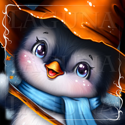 A stylized digital illustration of a cute penguin wearing a large orange hat and a blue scarf.