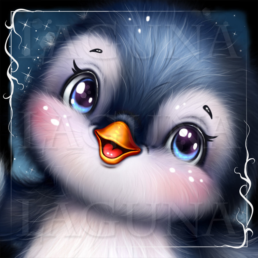 A stylized close-up illustration of a fluffy penguin or penguin chick with large blue-purple eyes, pink cheeks, and an orange beak, set against a dark blue sparkly background with a decorative white border.
