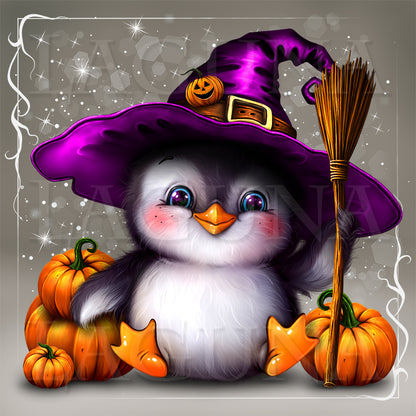 Halloween Penguin with Broom