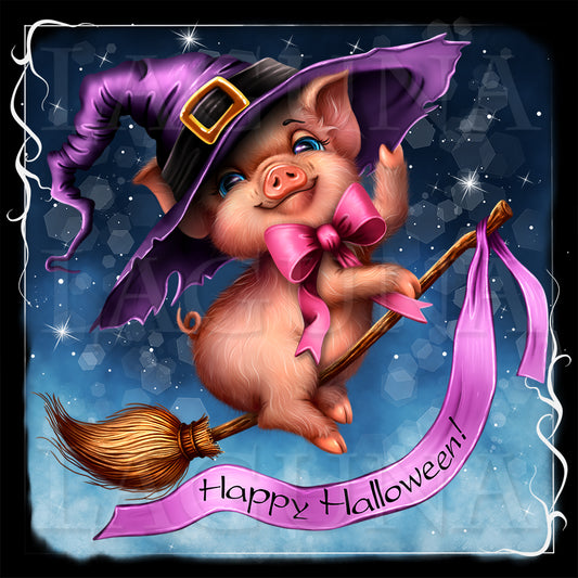 Halloween Piggy Riding a Broom