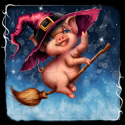 Halloween Piggy Riding a Broom