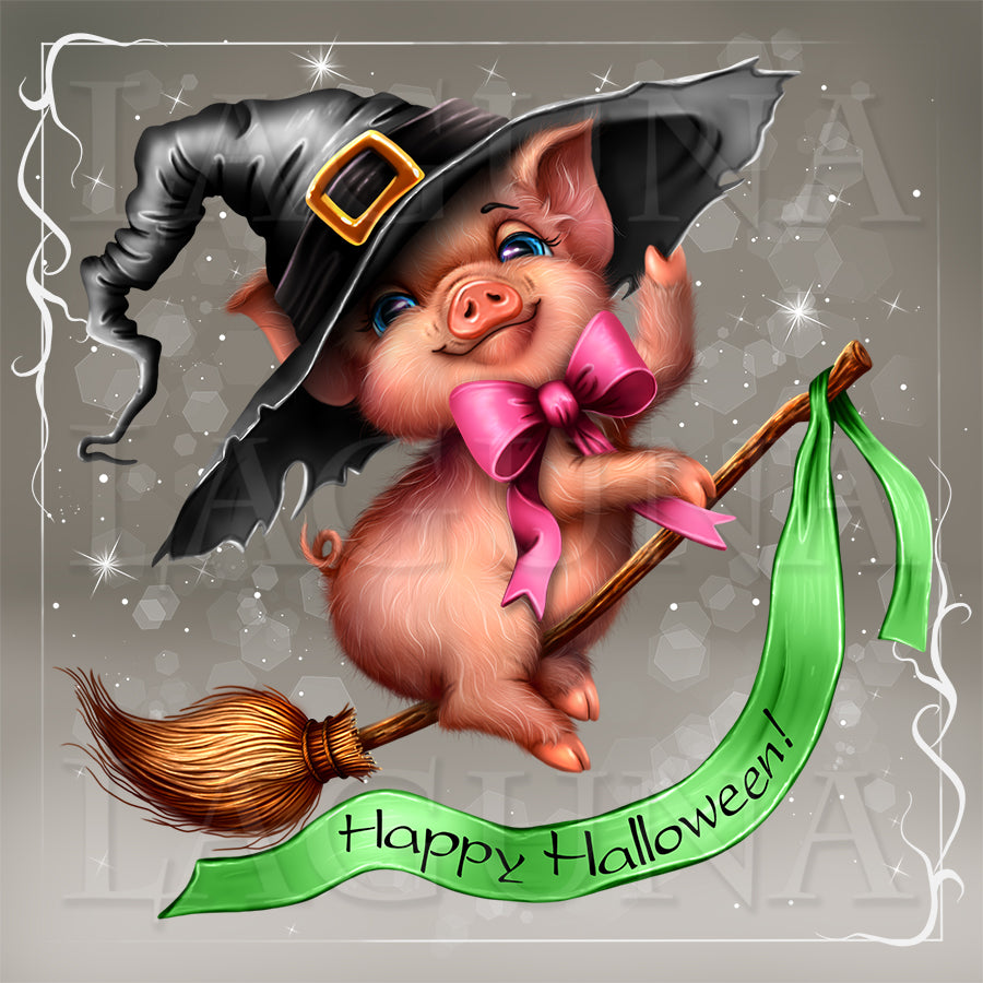 Halloween Piggy Riding a Broom