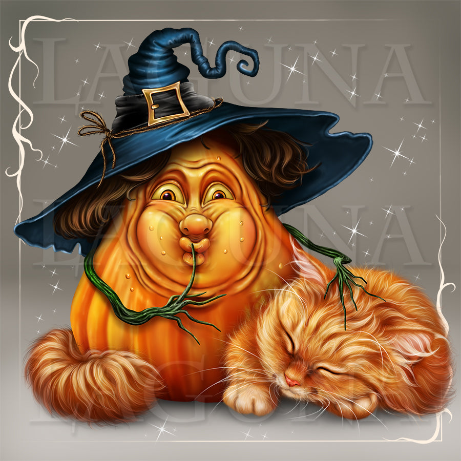 Halloween Pumpkin and Sleeping Kitty