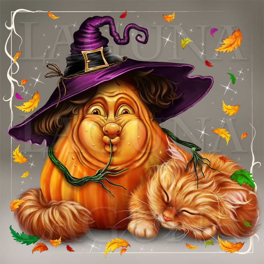 Halloween Pumpkin and Sleeping Kitty